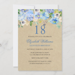 Blue Floral Watercolor 18th Birthday Invite