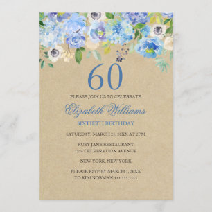 Blue Floral Watercolor 60th Birthday Invite