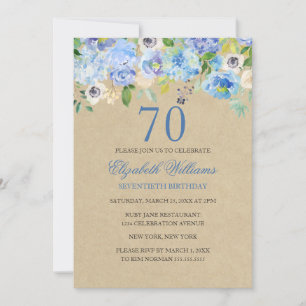 Blue Floral Watercolor 70th Birthday Invite
