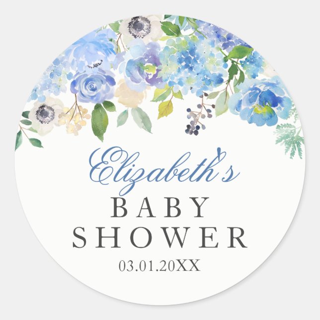 Blue Floral Watercolor Baby Shower Sticker (Front)