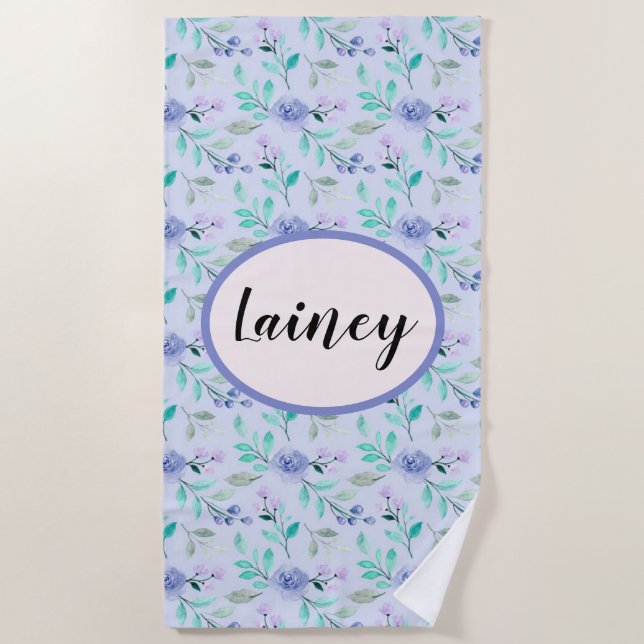 Blue Floral Watercolor Beach Towel (Front)
