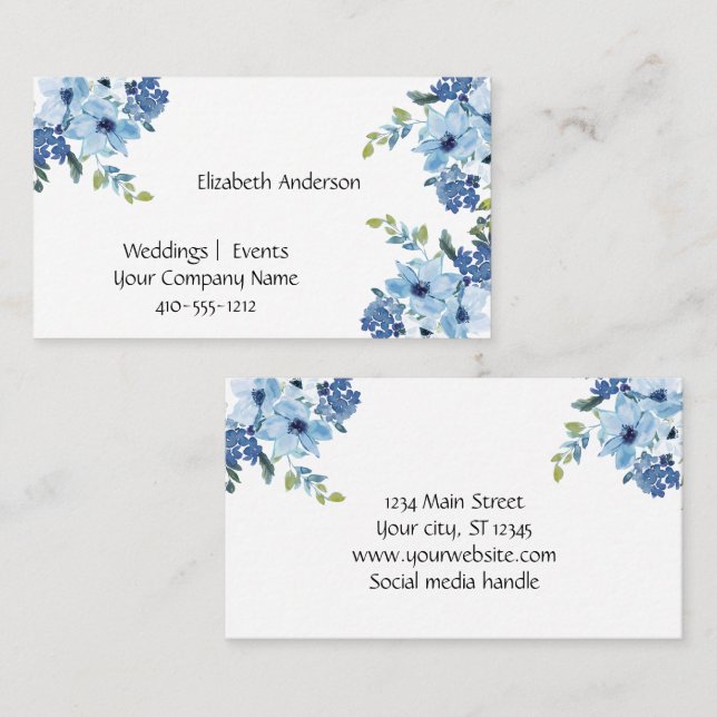 Blue Floral Watercolor Feminine Small Business  Card (Front/Back)