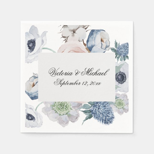 Blue Floral Watercolor Floral Napkins (Front)