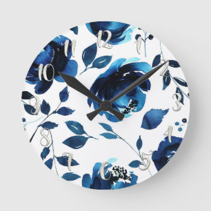 Blue Floral Watercolor Flowers Elegant Chic Round Clock