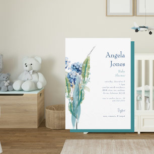 Blue Floral Watercolor Foliage Baby Shower Invitation