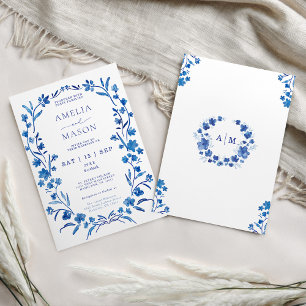 Blue Floral Watercolor Frame Wedding Invitation