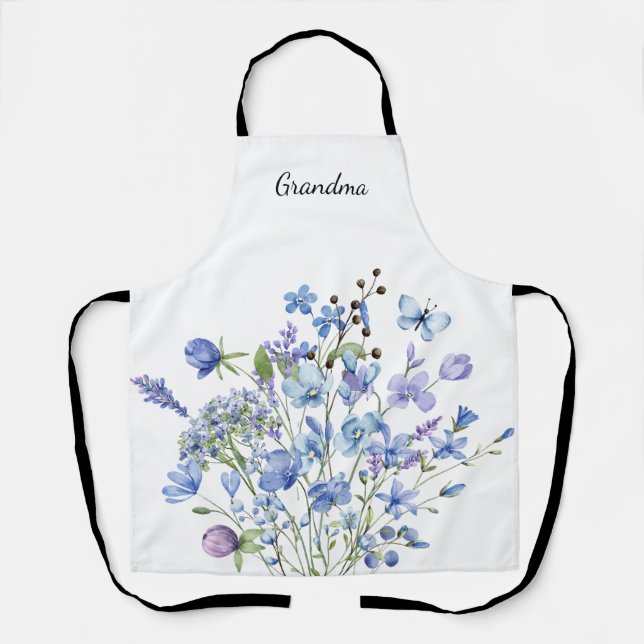 Blue Floral Watercolor Grandma Name  Apron (Front)