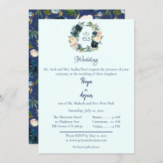 Blue Floral Watercolor Hindu Ganesh Wedding Invitation