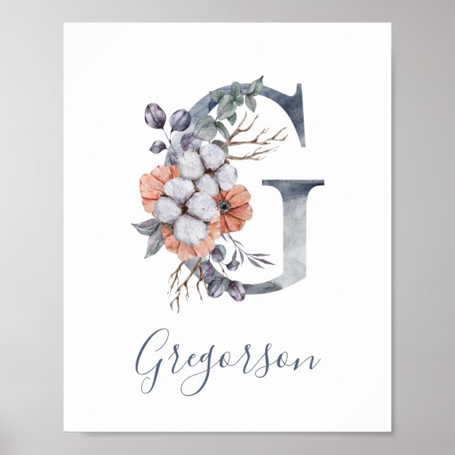 Blue Floral Watercolor Monogram G Last Name  Poster (Front)