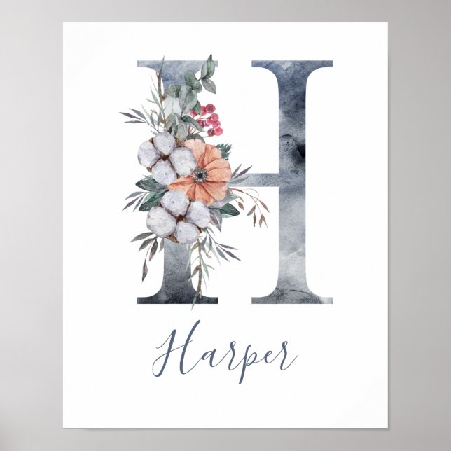 Blue Floral Watercolor Monogram H Name Poster (Front)