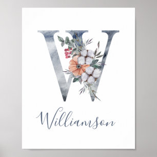 Blue Floral Watercolor Monogram W Last Name Poster