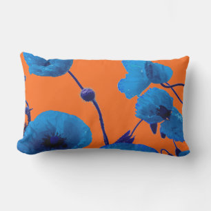 Blue Floral Watercolor Poppy Flowers Summer Sunset Lumbar Cushion