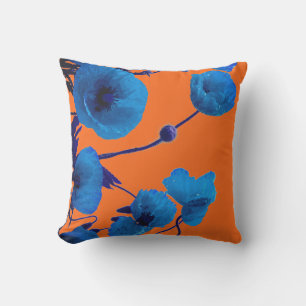 Blue Floral Watercolor Poppy Flowers Sunset Summer Cushion