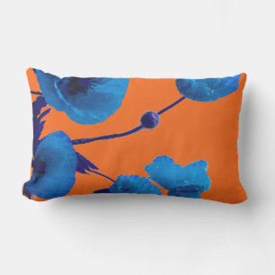 Blue Floral Watercolor Poppy Flowers Sunset Summer Lumbar Cushion