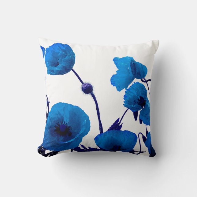Blue Floral Watercolor Poppy Flowers White Bright Cushion (Front)