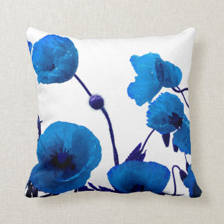 Blue Floral Watercolor Poppy Flowers White Bright Cushion