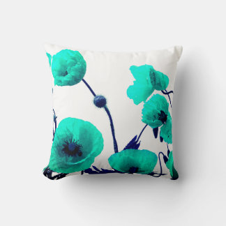 Blue Floral Watercolor Poppy Flowers White Modern Cushion