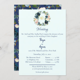 Blue Floral Watercolor Sikh Ik Onkar Wedding Invitation