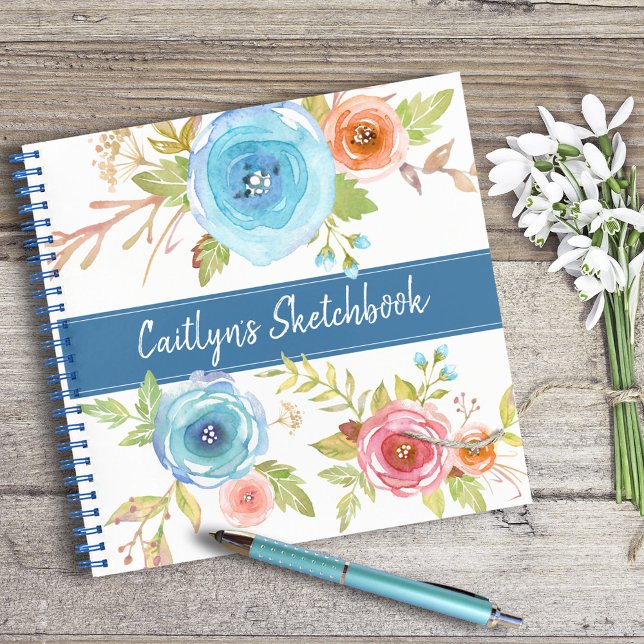 Blue floral watercolor sketchbook script name chic notebook (Creator Uploaded)