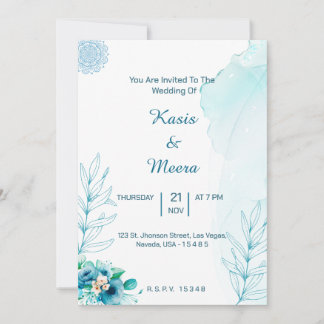 Blue floral watercolor wedding invitation card