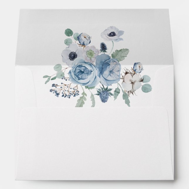 Blue Floral Watercolor Wedding Invitation Envelope (Back (Bottom))