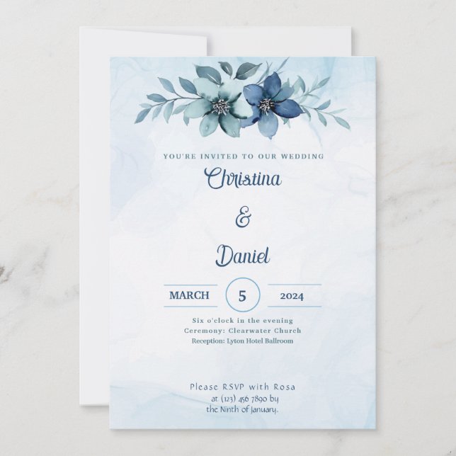 Blue Floral Watercolor Wedding Invitations (Front)