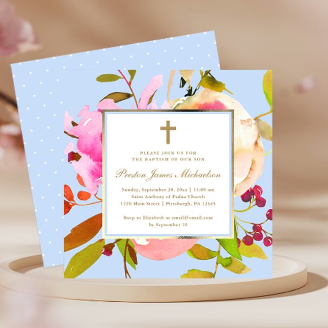 Blue Floral Watercolor with Cross Baptism Invitation (Creator Uploaded)