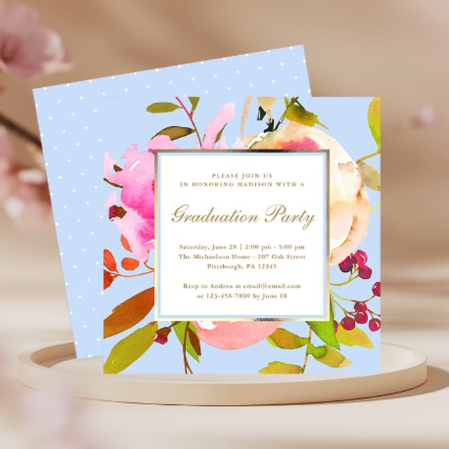 Blue Floral Watercolor with Dots Graduation Party Invitation (Creator Uploaded)