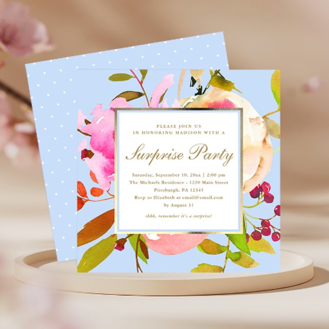 Blue Floral Watercolor with Dots Surprise Party Invitation (Creator Uploaded)