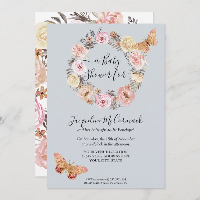 Blue Floral Watercolor Wreath  Butterfly Baby Girl Invitation (Front/Back)