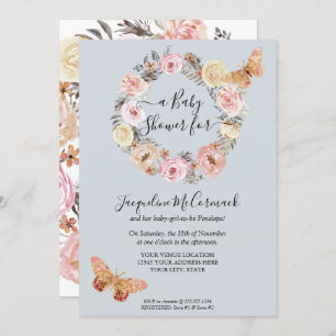 Blue Floral Watercolor Wreath  Butterfly Baby Girl Invitation