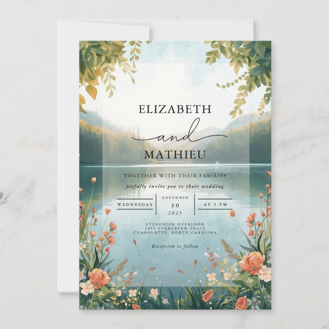 Blue Floral Waterscape Wedding Invitation (Front)