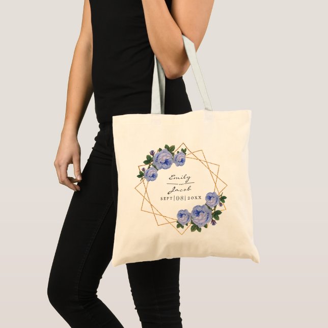 Blue Floral Wed Elegant Gold Glitter Geometric Tote Bag (Front (Product))