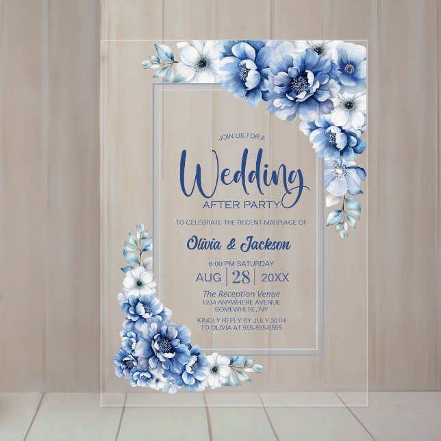 Blue Floral Wedding After Party Acrylic Invitations (Creator Uploaded)