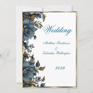 Blue floral Wedding Beautiful White Invitation