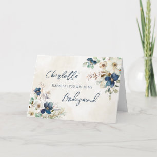 Blue Floral Wedding Bridesmaid Proposal Card