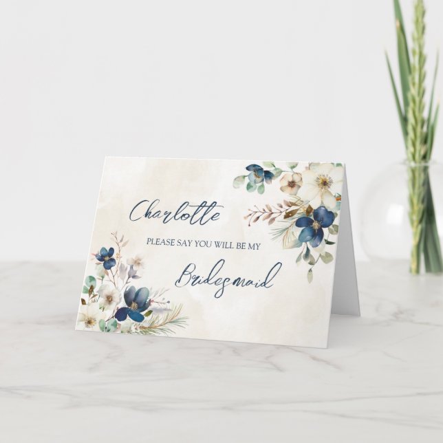 Blue Floral Wedding Bridesmaid Proposal Card (Front)