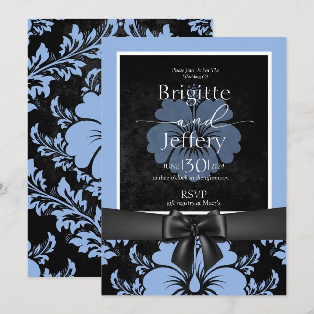 Blue floral wedding calligraphy printed  invitation (Front/Back)