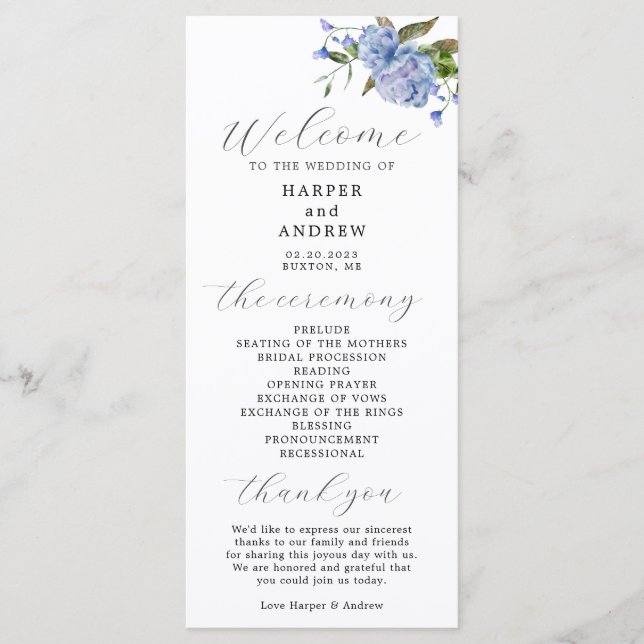 Blue Floral Wedding Ceremony Program (Front)