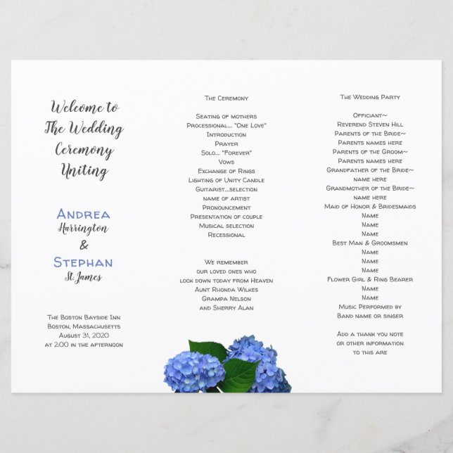 Blue Floral Wedding Folded Ceremony Program (Front)