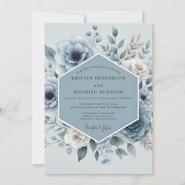 Blue Floral Wedding Invitation (Front)
