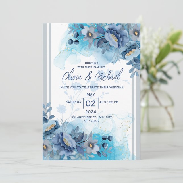 Blue Floral Wedding Invitation (Standing Front)