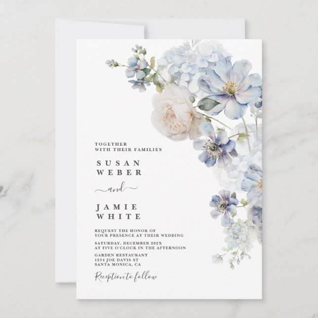Blue Floral wedding Invitation (Front)