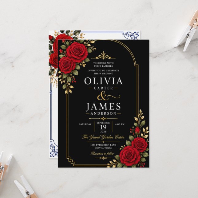 Blue Floral Wedding Invitation Backdrop | Red Rose (Front/Back In Situ)