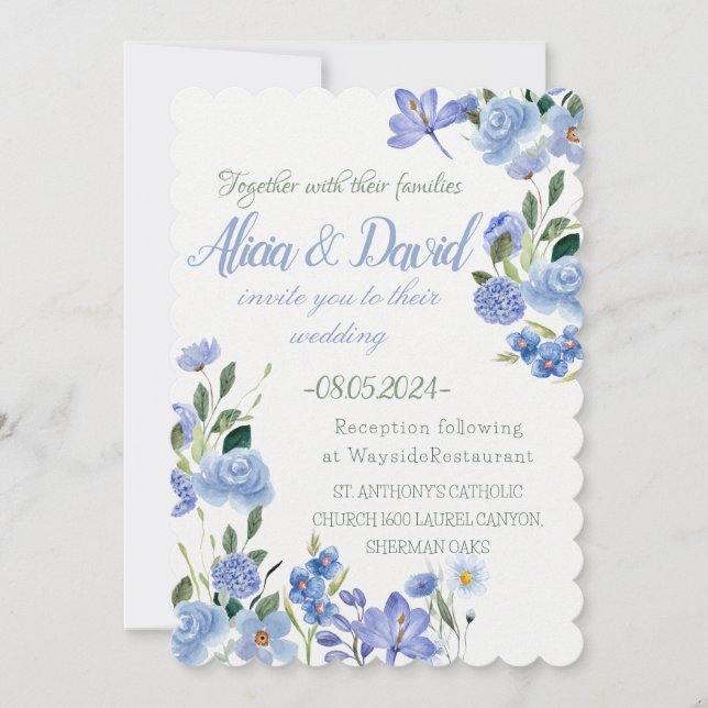  Blue Floral Wedding Invitation. Invitation (Front)