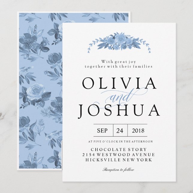 Blue Floral Wedding Invitations (Front/Back)