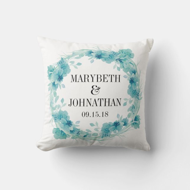 Blue Floral Wedding Keepsake Throw Pillow (Front)