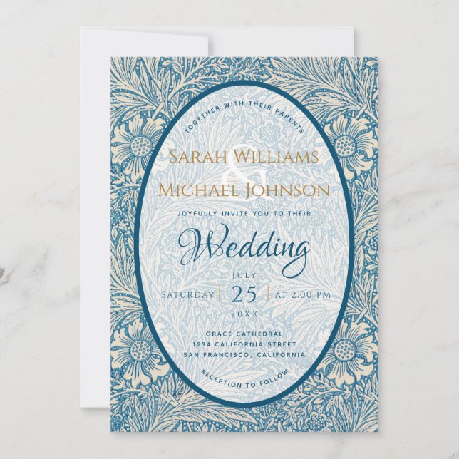 Blue Floral Wedding Marigold William Morris Invitation (Front)