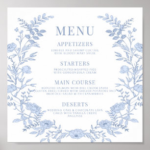 Blue Floral Wedding Menu Square  Poster