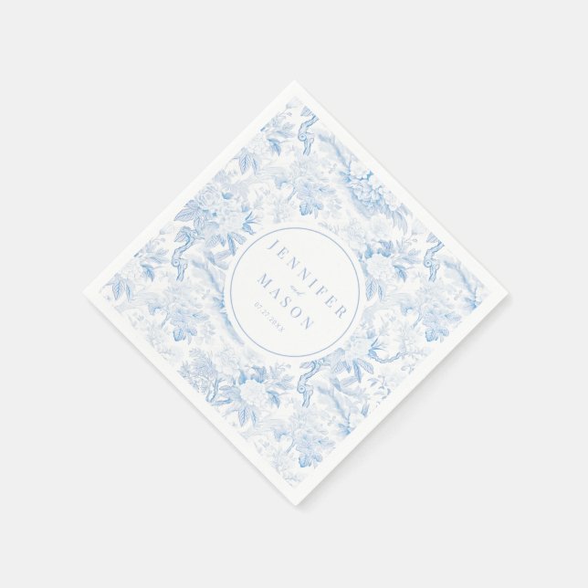 Blue floral wedding monogram paper napkins (Corner)